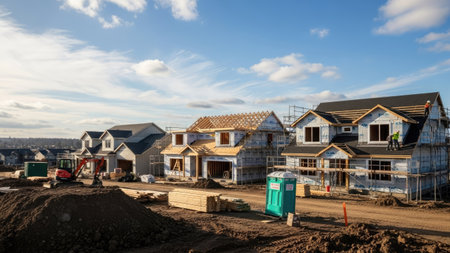 construction of a new house on a construction site with blue skyの素材