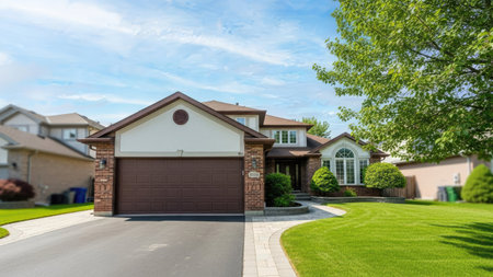 House with garage, driveway and lawn in front of the house.の素材