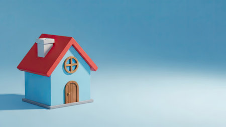 3d rendering of a blue house with a red roof on a blue backgroundの素材