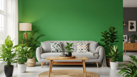 Interior of modern living room with green wall, sofa and plants. 3d renderの素材