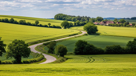 rural landscape with road and green fields in Bavaria, Germanyの素材