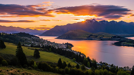 Sunset at Lake Wakatipu, Queenstown, New Zealandの素材