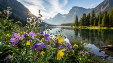 Wildflowers blooming in front of a mountain lake in summerの素材