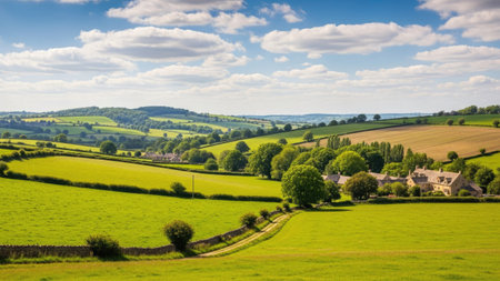 Idyllic English countryside landscape with green fields and hills under blue skyの素材