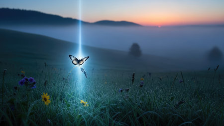 Butterfly in the meadow at sunrise. 3d renderingの素材