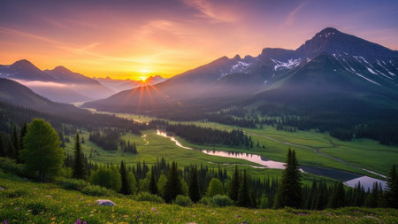 Sunset over the lake in the mountains. Beautiful summer landscape.の素材