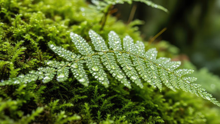 Fern leaf with dew drops on green moss in the forestの素材