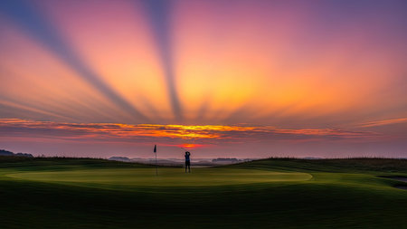 Golf course at sunset with dramatic sky and beautiful sunbeamsの素材