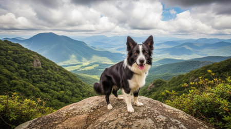 Border Collie sitting on the top of a rock in the mountainsの素材