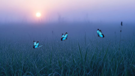 Butterflies flying in a foggy meadow at sunrise.の素材