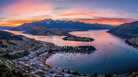 Lake Wakatipu in Queenstown at sunset, New Zealandの素材