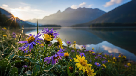 Mountain lake with wildflowers at sunrise. Beautiful summer landscape.の素材