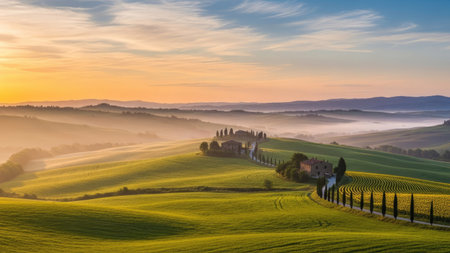 Sunrise over the Tuscany countryside in Val d'Orcia, Italyの素材