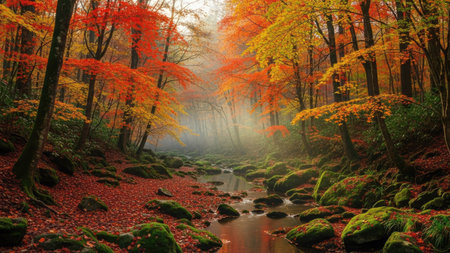 Autumn forest with red and yellow leaves and stream in the morningの素材