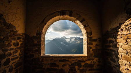 View from the window of an ancient castle in the mountains of the Caucasusの素材