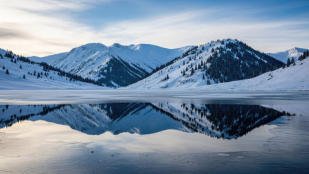 Panorama of winter alpine lake with reflection of mountains and blue skyの素材