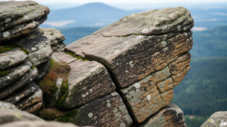 Huge granite boulders on the top of the mountain in the summerの素材