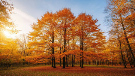 Beautiful autumn landscape with colorful trees in the forest at sunset.の素材