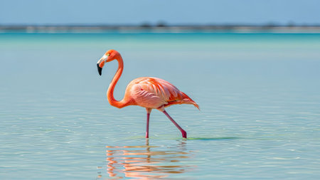 Pink flamingo in the blue lagoon of Camargue, Franceの素材