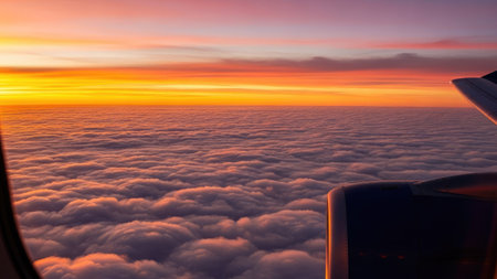 View from the window of a plane flying above the clouds at sunsetの素材