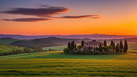 Sunset over Tuscany, Italy. Rural landscape at summer.の素材