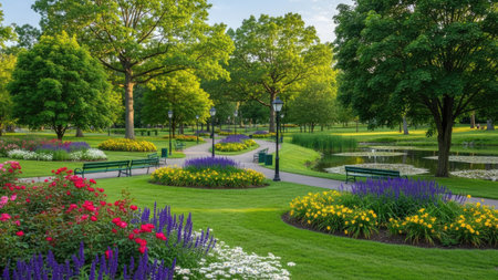 Beautiful spring garden with blooming flowerbeds and green trees.の素材