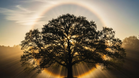Old oak tree at sunrise with sunbeams and lens flare.の素材
