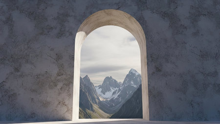 Mountain landscape through an arch in a wall, 3d renderの素材
