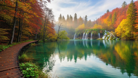 Autumn forest and waterfalls in Plitvice Lakes National Park, Croatiaの素材