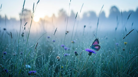 Beautiful purple cornflowers and butterfly in the morning fog.の素材