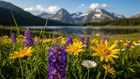 Glacier National Park, Montana, USA. Wildflowers blooming in the meadow with mountains in the background.の素材