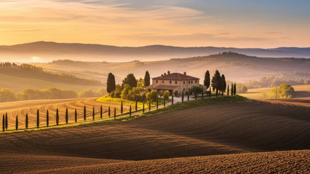 Tuscany landscape with farmhouse and cypress trees at sunriseの素材