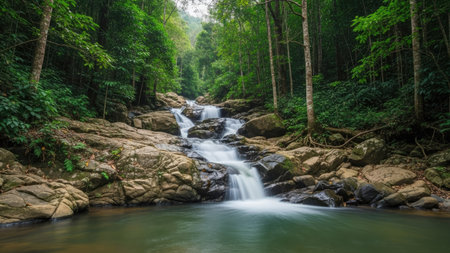 Waterfall in deep rain forest at Kanchanaburi province, Thailandの素材
