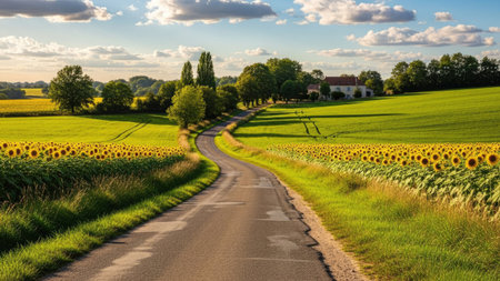 Country road through sunflowers field in the countryside of Bavariaの素材