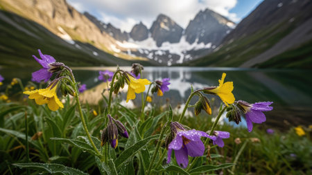 Beautiful flowers in the mountains. Alpine landscape with lake and mountainsの素材