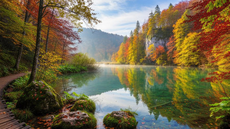 Autumn landscape with colorful forest and lake. Colorful autumn landscape.の素材