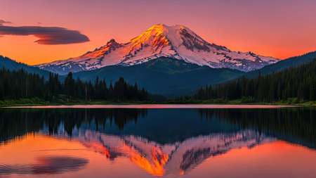 Mount Rainier at sunset with reflection in the lake, Washington.の素材