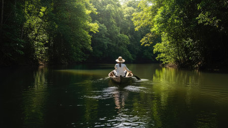 Woman in a boat on the river in the rainforest of Thailandの素材