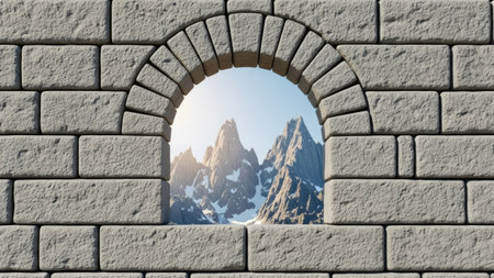 Fantasy stone wall with a view of the mountains. 3d illustrationの素材