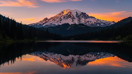 Mount Rainier reflected in the lake at sunrise, Washington, USAの素材