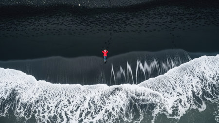 Aerial view of a surfer standing on a black sand beach.の素材