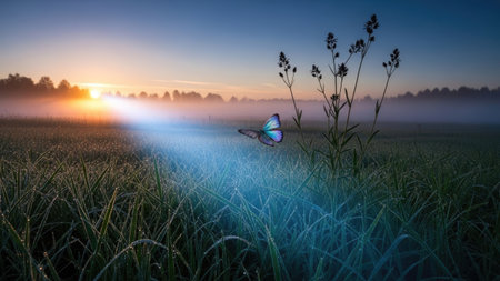 Butterfly on a meadow in the morning mist. Panoramaの素材