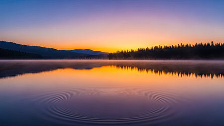 Beautiful sunrise on the lake with reflection in water and mountains in the backgroundの素材