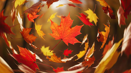 Autumn background with maple leaves and bokeh lights. Autumn conceptの素材