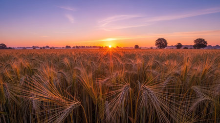 Sunset or sunrise in a wheat field with ears in the foregroundの素材