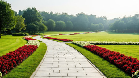 walkway in the park, beautiful landscape with green grass and flowersの素材