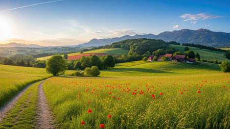 Panoramic view of a meadow with red poppies and mountains in the backgroundの素材