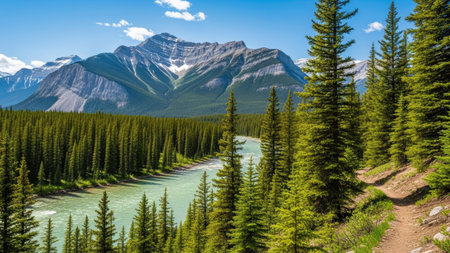 Banff National Park, Canadian Rockies, Alberta, Canada. Panoramic view of the Bow River.の素材