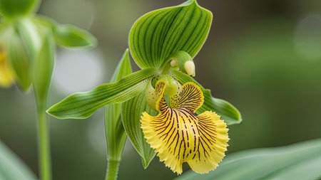 beautiful  orchid flower on green background,paphiopedilumの素材