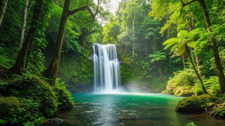 Panoramic view of beautiful waterfall in tropical rainforest. Nature backgroundの素材